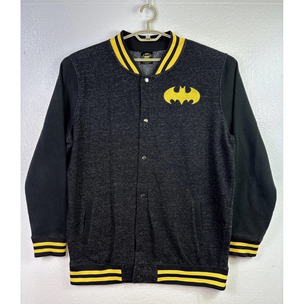 DC Comics Batman‎ Jacket Mens 2XL Black Yellow Varsity Embroidered Logo Snap-Up